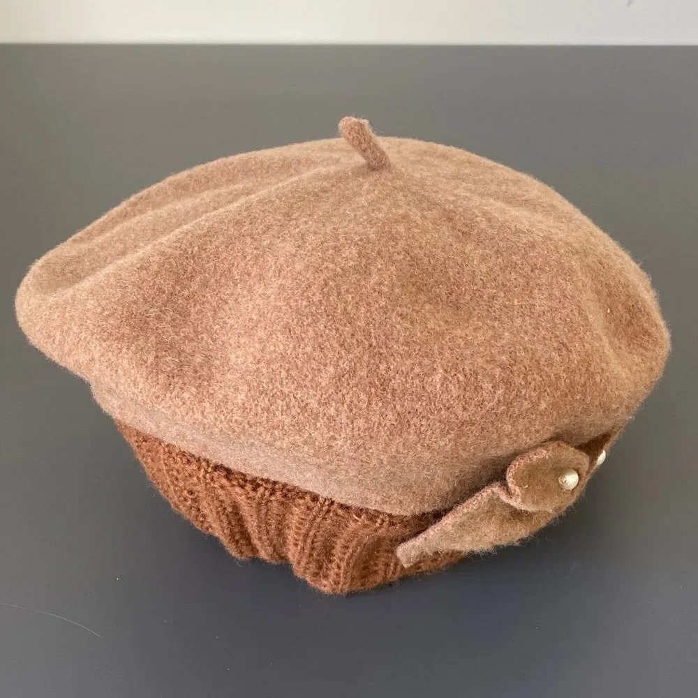 Vintage Tan Wool Beret Bow w/ Pearls Design OS Preppy Retro Girly